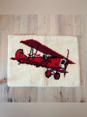 Vintage Hand Hooked Wool Rug Red Airplane Biplane 28x19 Aviation
